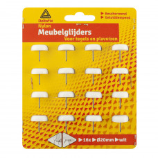 20MM MEUBEL- NYLONGLIJDER+ NAGEL WIT (16 STUKS)