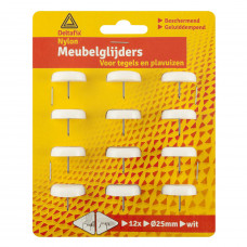 25MM MEUBEL- NYLONGLIJDER+ NAGEL WIT (12 STUKS)