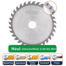 ROTEC HM CIRKELZAAGBLAD 216X2,8X30MM Z=60 WZ NEG