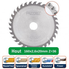 ROTEC HM CIRKELZAAGBLAD 160X2,6X20MM Z=36 WZ